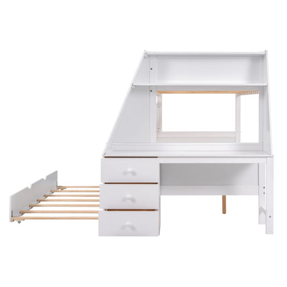 Harper & Bright Designs Twin Over Full Bunk Bed with Trundle and Desk, Solid Wood Bunk Bed Frame with Storage Drawers and Shelf, for Kids Teens Adults - White