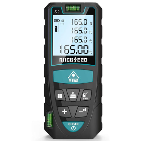 Laser Measure, RockSeed 165 Feet Digital Laser Distance Meter with 2 Bubble Levels,M/in/Ft Unit Switching Backlit LCD and Pythagorean Mode, Measure Distance, Area and Volume (165 Feet) RockSeed