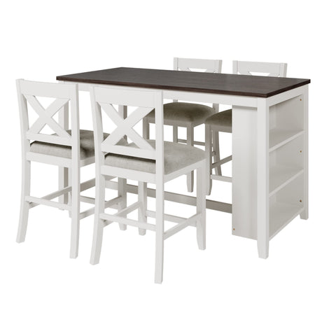 5 Pieces Counter Height Wooden Bar Table Set with 3-Tier Shelf and 4 Chairs, Rustic Farmhouse Dining Table Set for 4, White Harper & Bright Designs