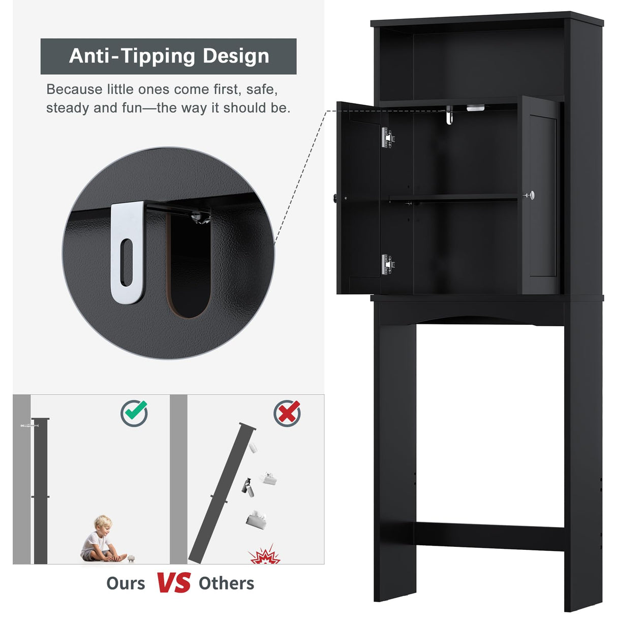 Baztin Over The Toilet Storage Cabinet, Over The Toilet Cabinet for Bathroom with Inner Adjustable Shelf and Top Open Storage Above Toilet Cabinet Behind The Toilet Bathroom Organizer, Black Baztin