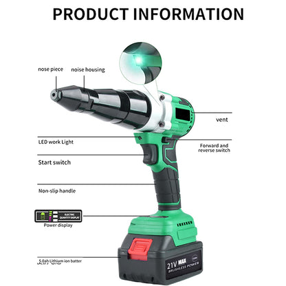 Etersec Cordless Rivet Gun, Portable 21V Lithium Battery Charging Full-Automatic Core Pulling Rivet Gun Professional Kit,with Battery and Charger，for 1/8", 5/32", 3/16" Rivets（Green - WoodArtSupply