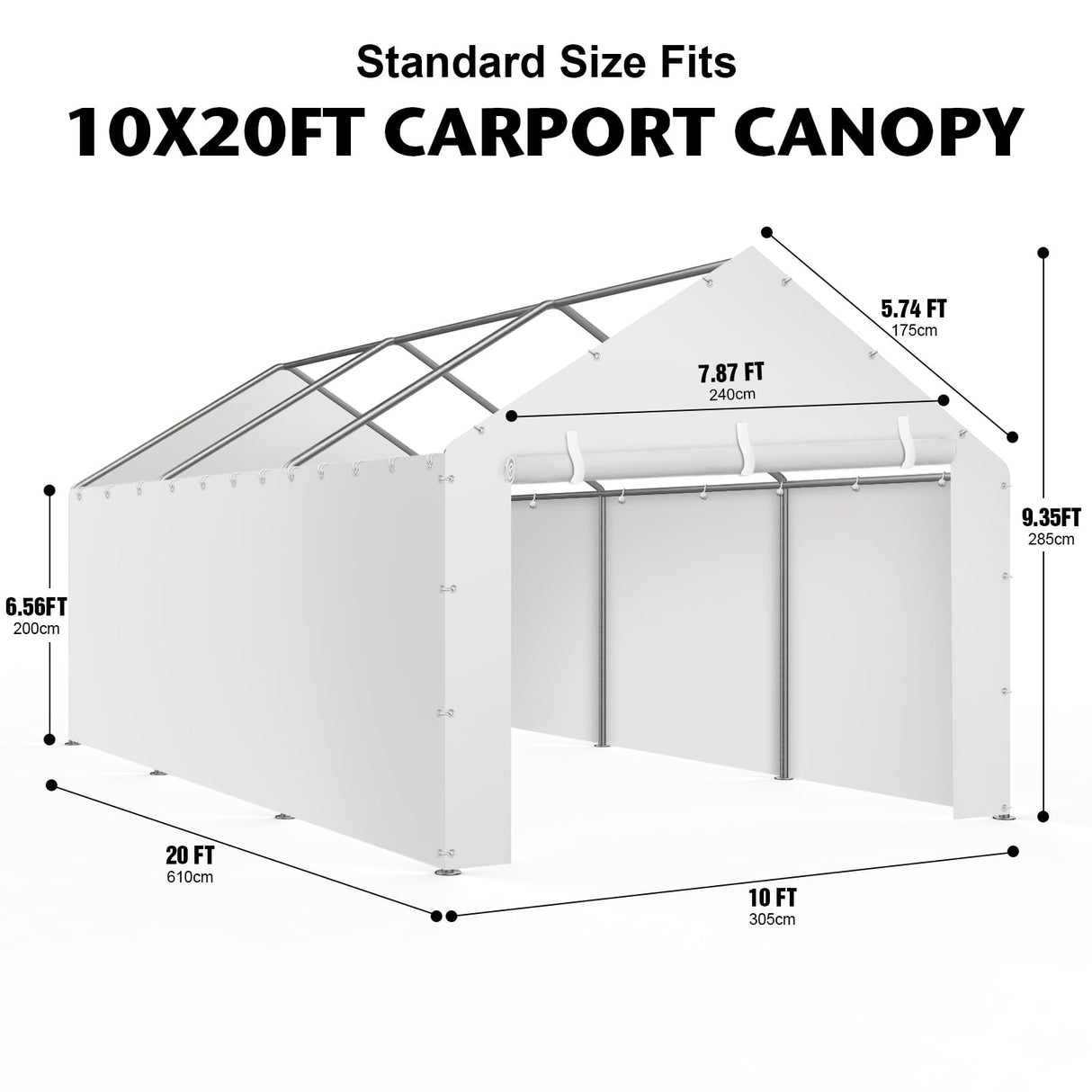 Carport Replacement Canopy Cover Sidewalls for 10x20FT Frame, Heavy Duty Garage Car Tent Shelter Tarp with Ball Bungees, Waterproof & UV Protected (White, Frame is not Included) Yustuf