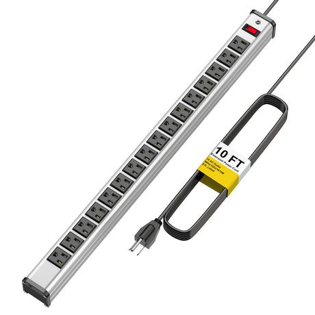 Long Surge Protector Power Strip,16 Outlet Heavy Duty Power Strip Metal Power Bar,10 FT Long Extension Cord with Circuit Breaker for Garage,Workshop,Industrial(125V/1875W, ETL Listed) Kungfuking