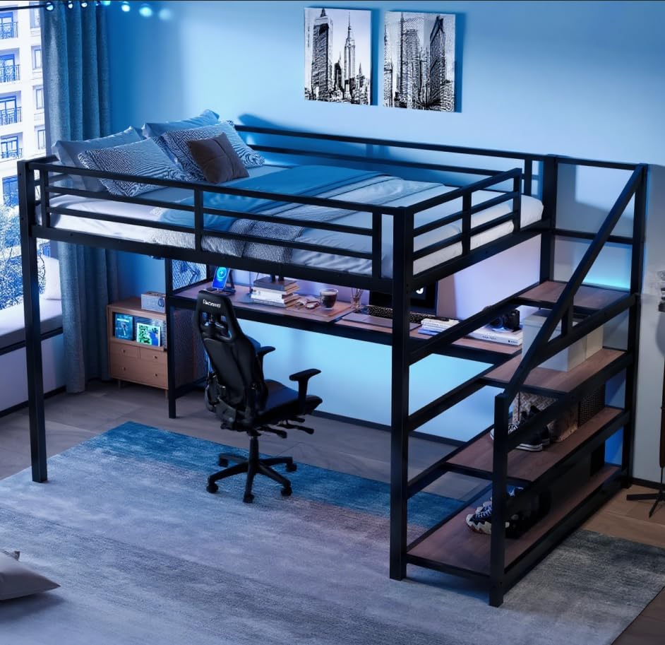 Bellemave Queen loft Bed with Storage Stairs, Shelves, Metal Queen Loft Beds with LED Lights, USB Ports, Multifunctional Iron Nets for Adults, Kids, Teens, Black Bellemave