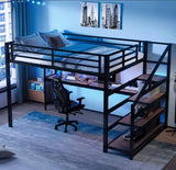 Bellemave Queen loft Bed with Storage Stairs, Shelves, Metal Queen Loft Beds with LED Lights, USB Ports, Multifunctional Iron Nets for Adults, Kids, Teens, Black Bellemave