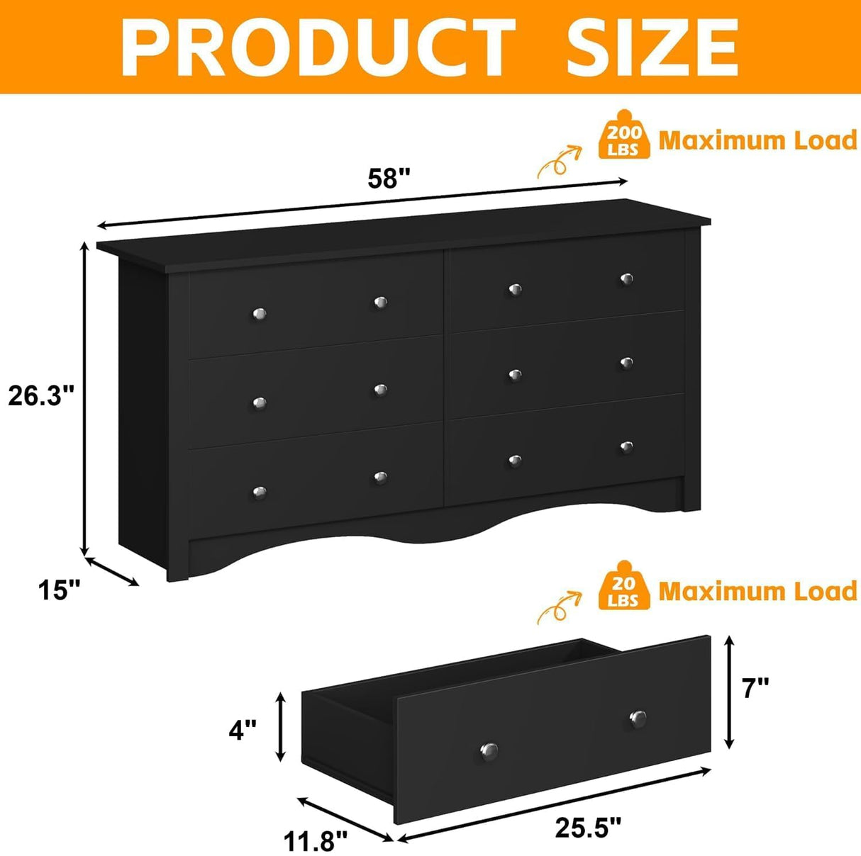 Furmax 6 Wood Drawers Dresser for Bedroom, Double Dresser for TV up to 65 inch, TV Stand Storage Chest of Drawers for Living Room Hallway Entryway (Black) Furmax