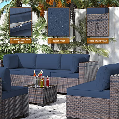 RTDTD Outdoor Patio Furniture Set, 14 Pieces Outdoor Furniture All Weather Patio Sectional Sofa PE Wicker Modular Conversation Sets with Coffee Table,12 Chairs & Seat Clips(Dark Blue) RTDTD