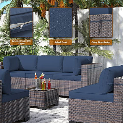 RTDTD Outdoor Patio Furniture Set, 14 Pieces Outdoor Furniture All Weather Patio Sectional Sofa PE Wicker Modular Conversation Sets with Coffee Table,12 Chairs & Seat Clips(Dark Blue) - WoodArtSupply