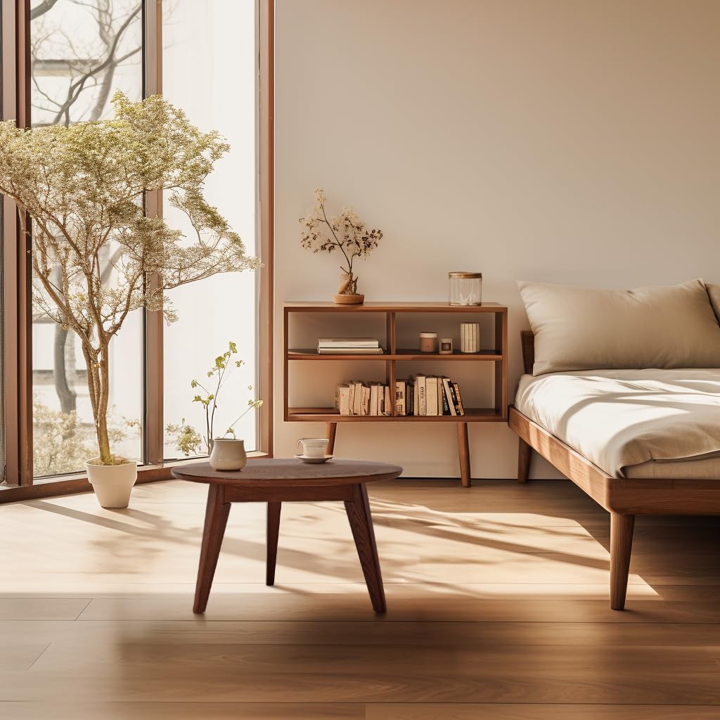 Vadisun 100% FAS Solid Oak Wood Mini Coffee Table - Natural Walnut Finish Round Coffee Table-Low Tea Table Vadisun