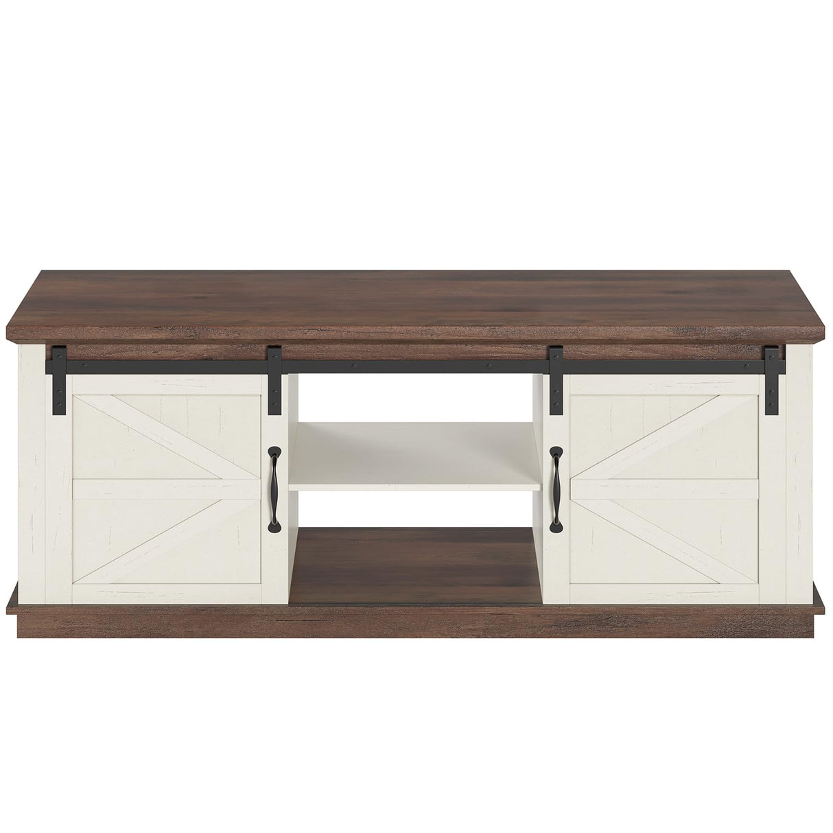 UPOSOJA Farmhouse Coffee Table for Living Room with Storage & 4 Sliding Barn Doors, Adjustable Shelves, Modern Rectangular Rustic Living Room, Meeting Room, Hall Coffee Tables (White Brown) UPOSOJA