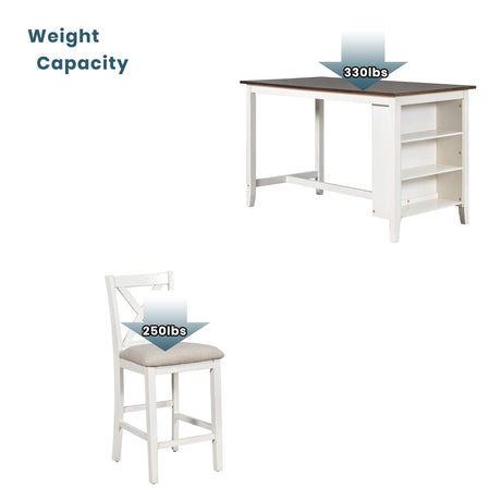 5 Pieces Counter Height Wooden Bar Table Set with 3-Tier Shelf and 4 Chairs, Rustic Farmhouse Dining Table Set for 4, White Harper & Bright Designs
