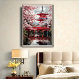 Semneroy Cherry Blossoms Flower Diamond Painting Kits for Adult Beginners, Traditional Architecture Diamond Art Kits,Full Drill Paint with Diamond Dot Gem Art Painting for Home Decor 12x16 inch Semneroy