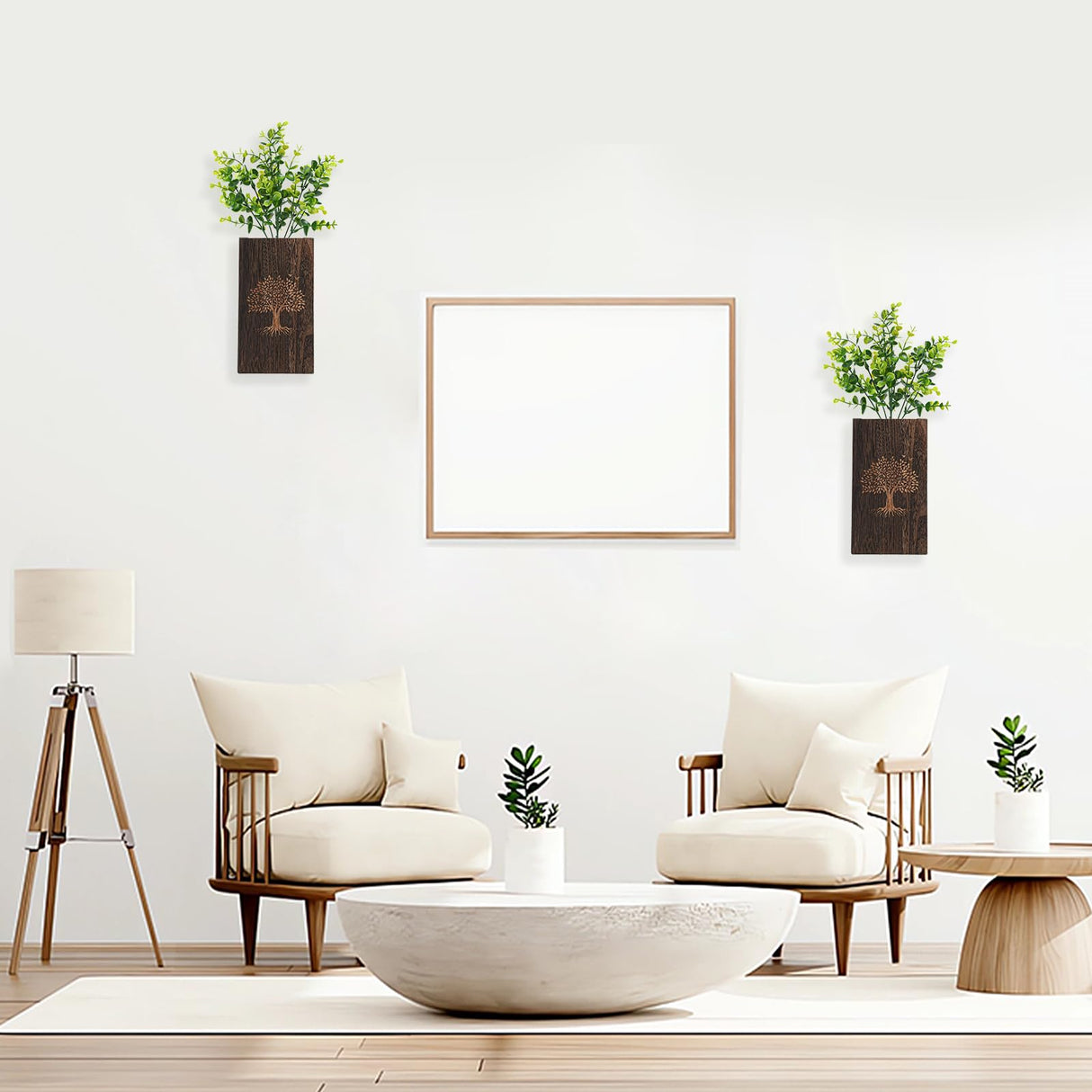 CypherX Wood Wall Planter with Artificial Eucalyptus Set of 2, Farmhouse Wall Decor for Living Room Bathroom Bedroom Kitchen, Wooden Pocket Wall Vases for Fake Plants Greenery and Dried Flowers CypherX