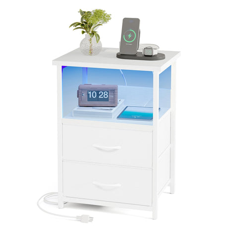 Fixwal Night Stand with Charging Station, LED Nightstand with U-S-B Ports and Outlets, 2 Fabric Storage Drawers with PU Finish, Bed Side Table, White Fixwal