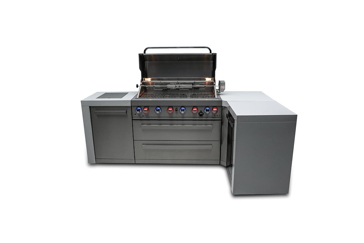 Mont Alpi MAi805-D90 44-inch 6-Burner 115000 BTU 90 Degree Corner Deluxe Stainless Steel Gas Outdoor Kitchen Barbecue Island Grill + Infrared Side Burner + Granite Countertops + Storage Drawers Mont Alpi