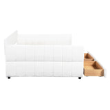 KALALLA Upholstered Queen Size Daybed Frame with Drawers and USB Port, Day Bed with Underneath Storage, Wooden Slats Support, No Box Spring Required, Adults Kids, White KALALLA