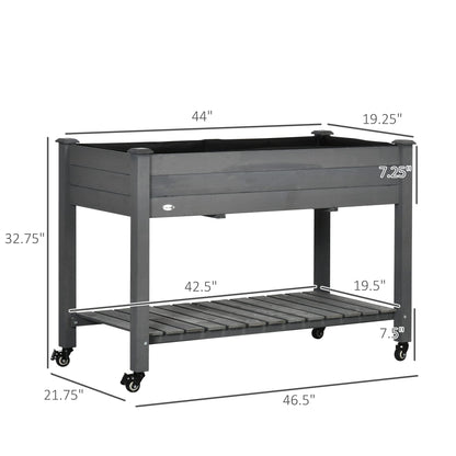 Outsunny Raised Garden Bed, 47" x 22" x 33", Elevated Wooden Planter Box w/Lockable Wheels, Storage Shelf, and Bed Liner for Backyard, Patio, Dark Gray