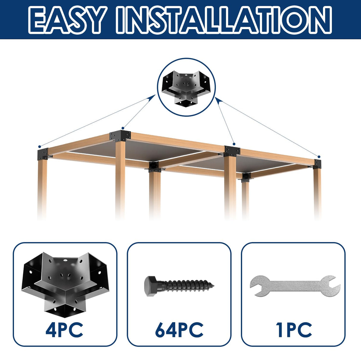 Pergola Brackets 4x4 3-Way 4pcs Right Angle Corner Bracket, Easy Installation Crossbeam Corner Brackets for Gazebos, Patio Pergolas, Log Cabin Outdoor MEWSDEN