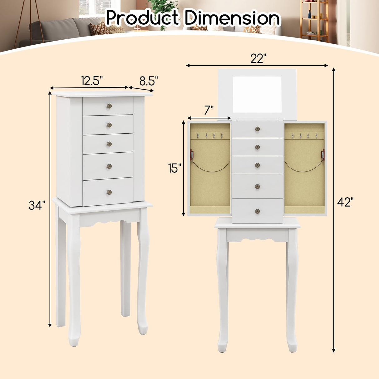 Giantex Jewelry Cabinet Armoire Chest with 4 Drawers, Flip Top Mirror, Top Storage Compartments, 2 Side Doors with 8 Necklace Hooks, 2 Shelves, White Standing Jewelry Organizer Box for Girls Gift Giantex