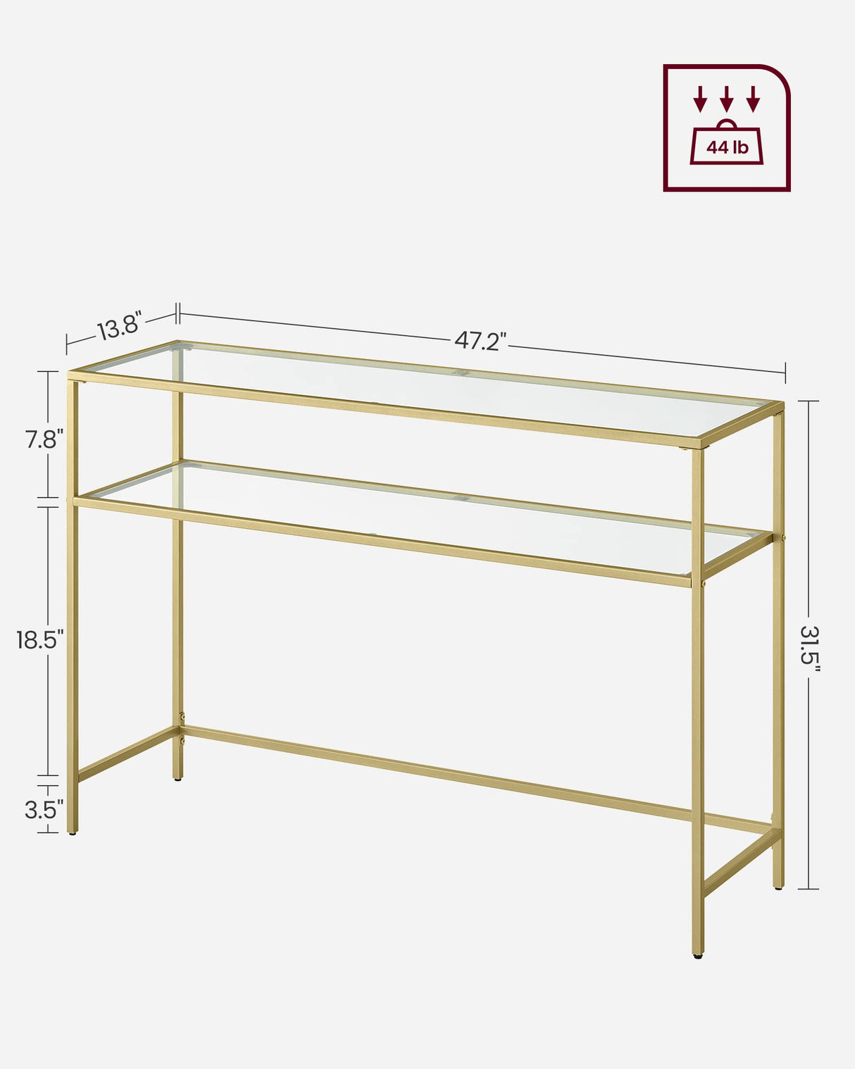 VASAGLE 47.2 Inch Console Sofa Table, Modern Entryway Table, Tempered Glass Table, Metal Frame, 2 Shelves, Adjustable Feet, for Living Room, Hallway, Gold Color ULGT045A61 VASAGLE