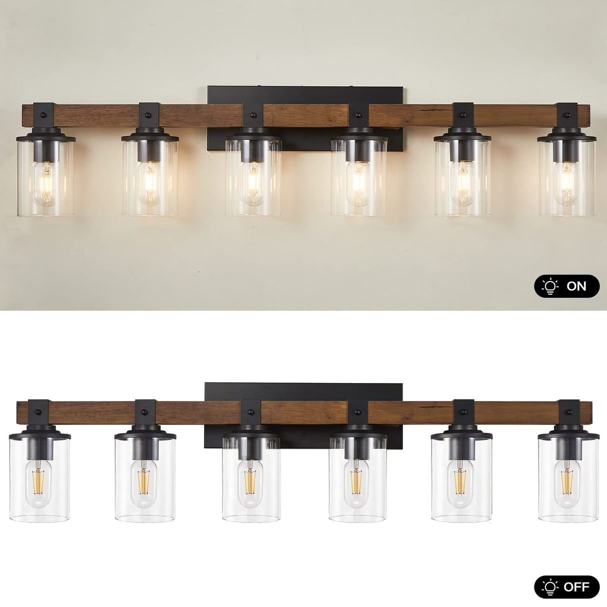 DADUL 6-Light Bathroom Vanity Light, Farmhouse Bathroom Light Fixtures Over Mirror, Classic Wood Vanity with Clear Glass Shade, Black Wall Sconce for Bathroom, Bedroom DADUL