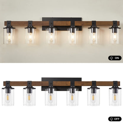 DADUL 6-Light Bathroom Vanity Light, Farmhouse Bathroom Light Fixtures Over Mirror, Classic Wood Vanity with Clear Glass Shade, Black Wall Sconce for Bathroom, Bedroom - WoodArtSupply