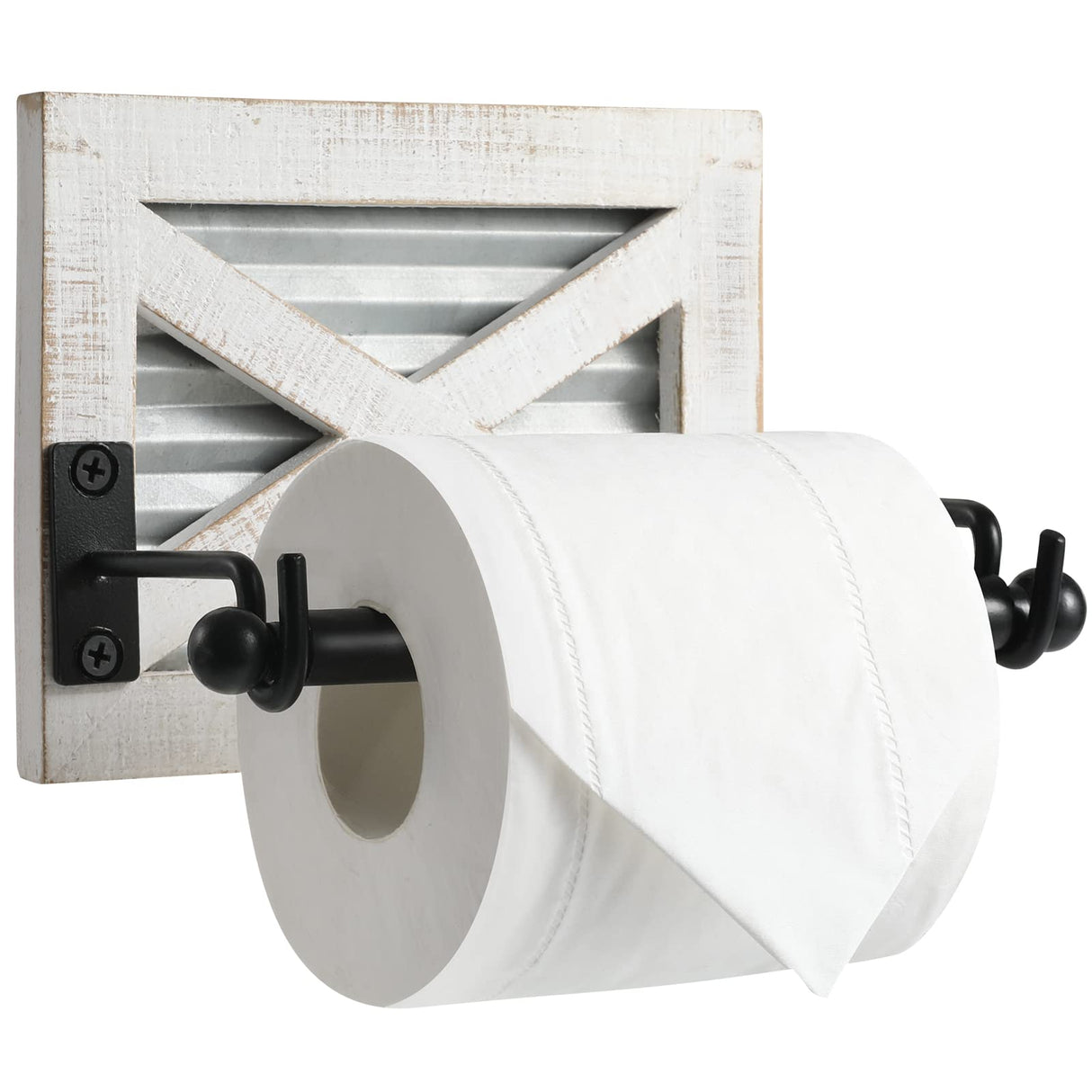 Farmhouse Toilet Paper Holder with Galvanized Metal& Black Metal - Rustic Weathered White Wood Wall Mount Toilet Roll Holder for Bathroom Decor KULEDM