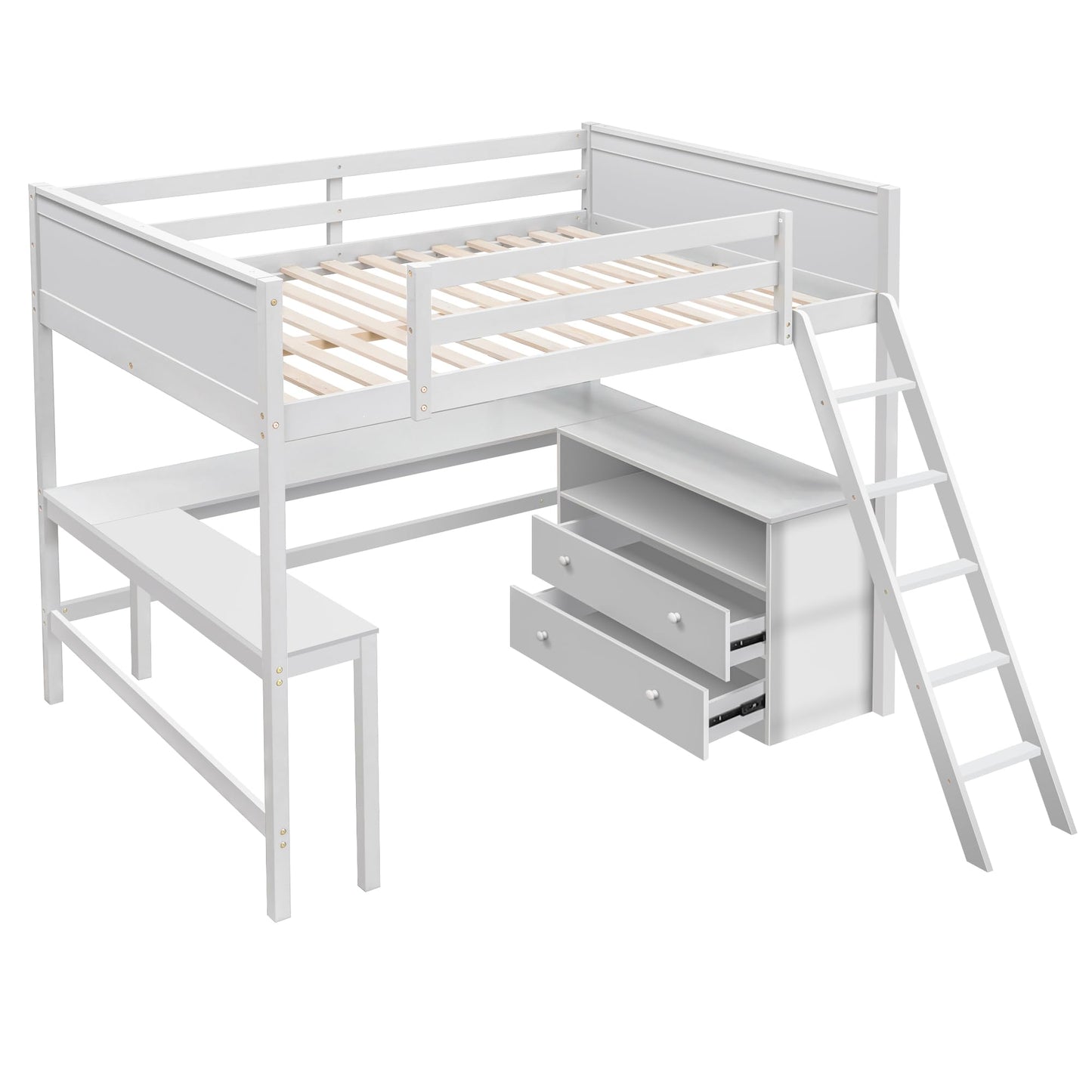 Full Size Solid Wood Loft Bed with Desk, Storage Shelves and Drawers in White - WoodArtSupply