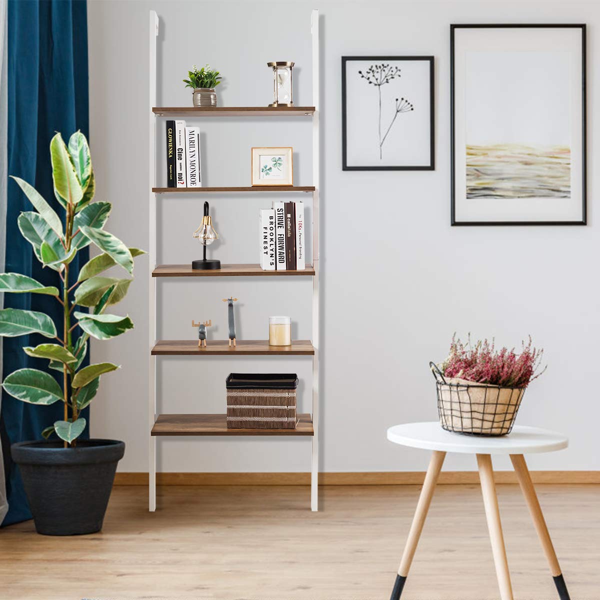 Modern Tangkula 5-Tier Wall-Mounted Ladder Bookshelf with Metal Frame in White - WoodArtSupply