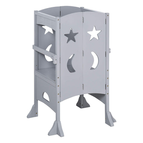 Qaba Wooden Kitchen Step Stool for Kids, Foldable Toddler Tower, Helper Stool for Kitchen Counter with Support Handles Safety Rail, Gray Qaba