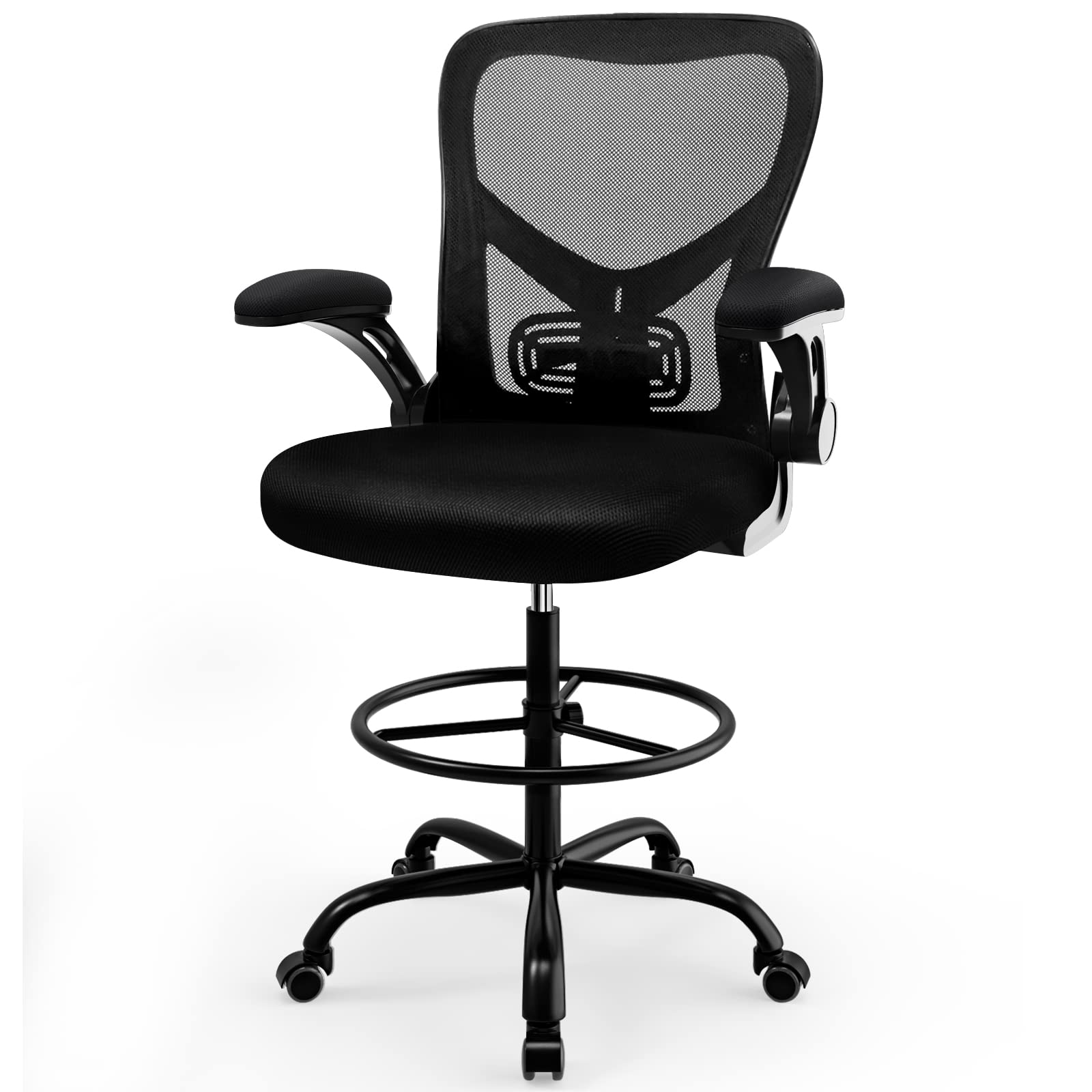 dreamlify Drafting Chair,Tall Standing Desk Chair Comfortable Office Chair with Foot Ring Flip-up Padded Arms Height Adjustable Computer Task Chair Ergonomic Mesh Mid-Back Desk Chair,Black - WoodArtSupply