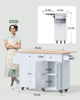 Qsun Kitchen Island on Wheels Kitchen Cart with Rubber Wood Top, Mobile Kitchen Island with Double Storage Cabinet and Drawers, Table (White) Qsun
