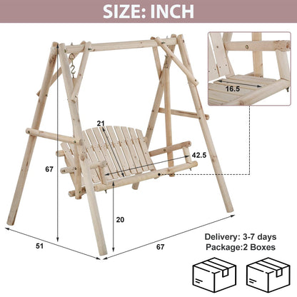 Outdoor Wooden Porch Swing 67 Inch Log Swing with Stand, A-Frame Yard Swing Set Patio Furniture Modern 2 Person Swing Sturdy Garden Bench Swing Rustic Curved Back Swing Chair for Adults - WoodArtSupply