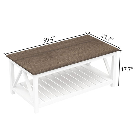 ChooChoo Farmhouse Coffee Table, Rustic Vintage Living Room Table with Shelf, 40 White ChooChoo
