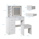 Vanity Desk Set with LED Lighted Mirror & Power Outlet, Makeup Vanity with Chair & 4 Drawers, Vanity Table with Sliding Mirror, Vanity Set 3 Lighting Modes Brightness Adjustable Duoku