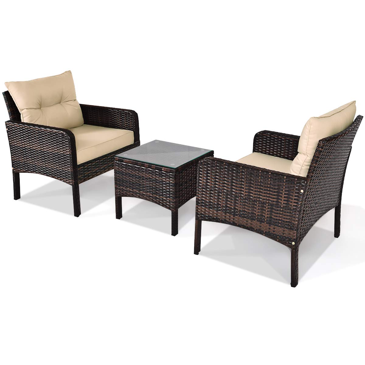 Tangkula 3 Piece Outdoor Patio Furniture Set for 2, Wicker Chairs with Glass Top Coffee Table, Thick Cushions, All Weather Garden Lawn Poolside Backyard Porch (Brown) Tangkula