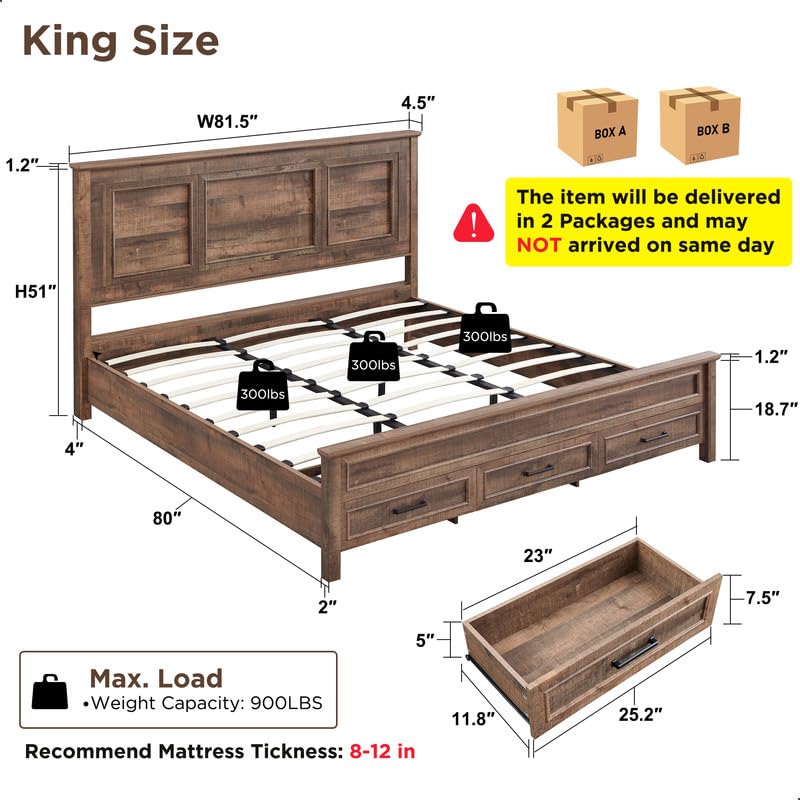 ACCOHOHO Rustic King Size Bed Frame with 52" Tall Headboard and Hidden Storage Drawers, Light Brown ACCOHOHO