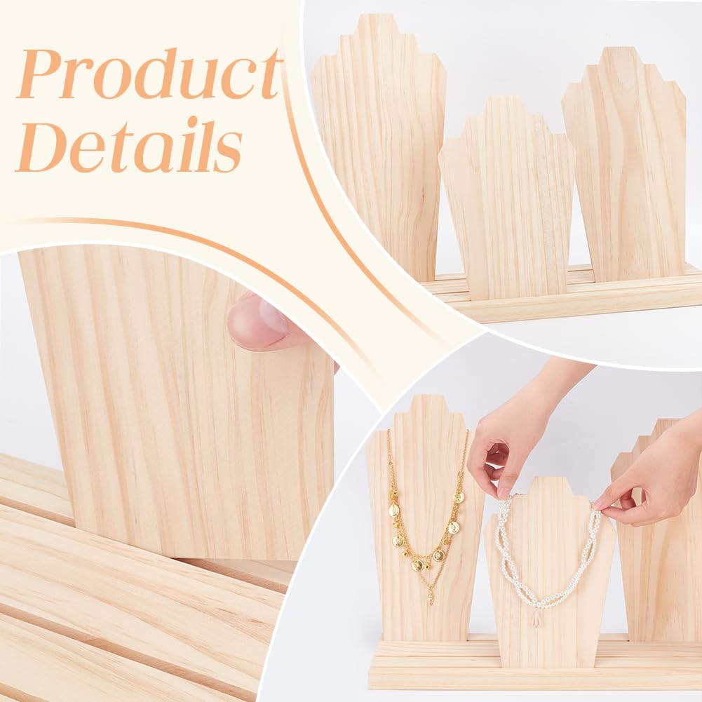 PH PandaHall Wood Necklace Display Stands with 3-Row Holder and 3 Removable Displays Wood Plank Necklace Storage Holder Bust Easel Jewelry Display for Necklaces, Rings Storage, Blanched Almond PH PandaHall