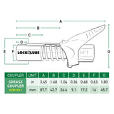 LockNLube Grease Gun Coupler locks onto Zerk fittings. Grease goes in, not on the machine. World's best-selling original locking grease coupler. Rated 10,000 PSI. Long-lasting rebuildable tool. LockNLube