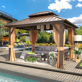 MELLCOM 10'x12' Hardtop Gazebo, Galvanized Steel Metal Double Roof Aluminum Gazebo with Curtain and Netting, Brown Permanent Pavilion Gazebo for Patio, Lawn & Garden MELLCOM