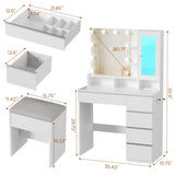 ERLEJIA Vanity, Vanity with Mirror and Lights, 35.43" Makeup Vanity Desk with Stool and Power Strip, Dressing Table with 6 Drawers and 6 Open Shelves with RGB LED Lighting Cabinet, White ERLEJIA