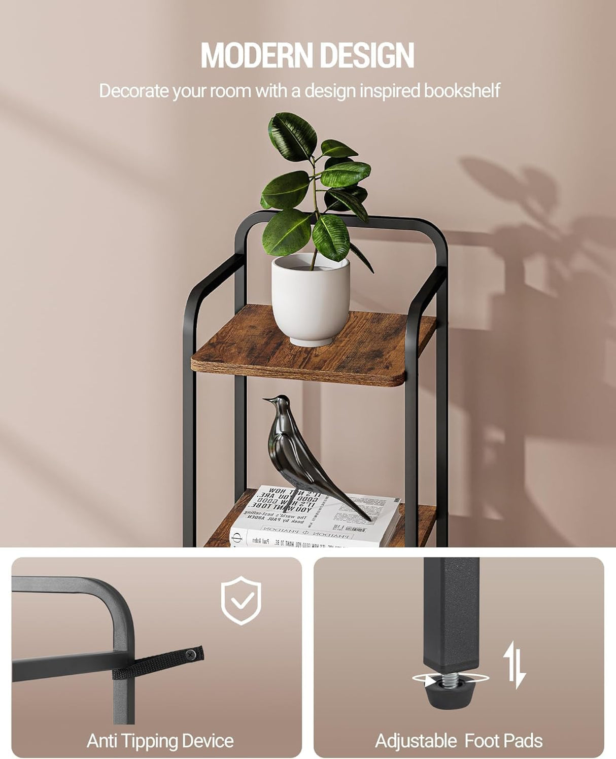 Hzuaneri Bookcase Bookshelf, Narrow Book Shelf, Industrial Corner Shelf Storage Organizer, Slim Shelving Unit for Home Office, Living Room, Bedroom, Kitchen, 6-Tier Rustic Brown and Black BC24601B Hzuaneri