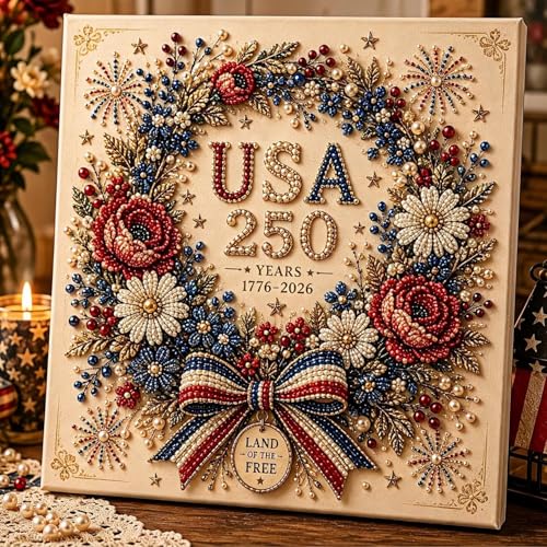 USA 250th Anniversary Beaded Floral Art Kit, Patriotic DIY Pearl Embroidery Canvas (1776–2026 Edition), US 250th DIY Pearl Beaded Floral Craft Decoration, 4th of July Diamond Painting Kit (Wreath)