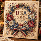 USA 250th Anniversary Beaded Floral Art Kit, Patriotic DIY Pearl Embroidery Canvas (1776–2026 Edition), US 250th DIY Pearl Beaded Floral Craft Decoration, 4th of July Diamond Painting Kit (Wreath)
