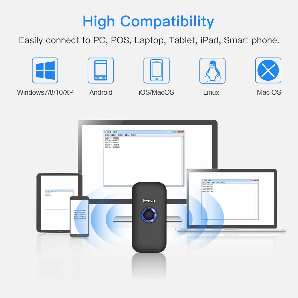 Eyoyo Mini 1D Bluetooth Barcode Scanner, 3-in-1 Bluetooth & USB Wired & 2.4G Wireless Barcode Reader Portable Bar Code Scanning Work with Windows, Android, iOS, Tablets or Computers Eyoyo