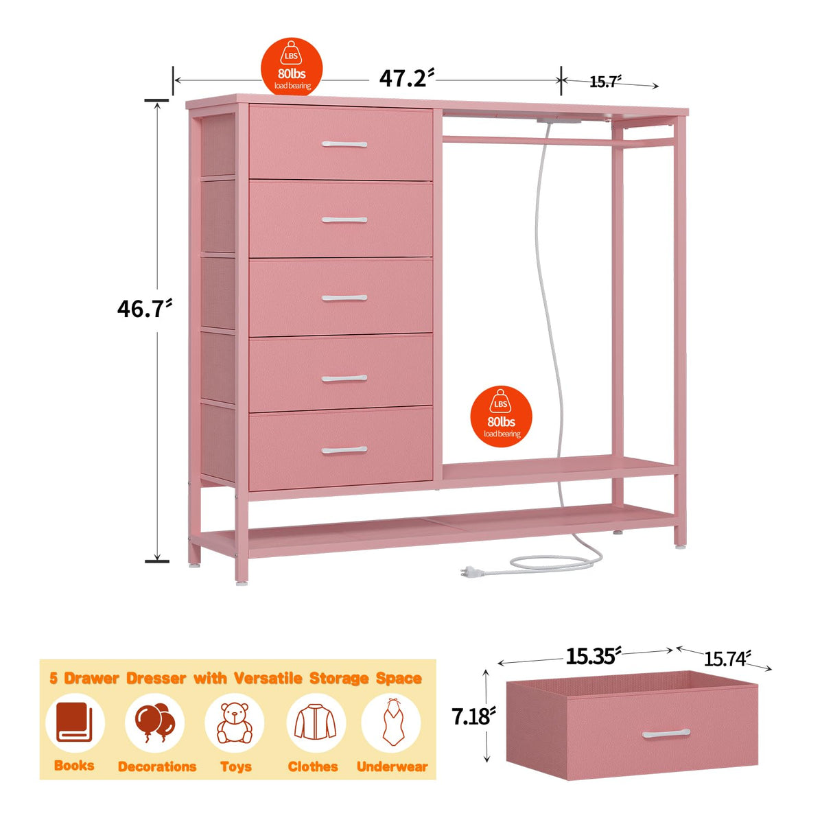 Dresser for Bedroom, Dresser with Hanging Rack Led Lights and Charging Station, Tall Dresser with 5 Fabric Chest of Drawers with PU Finish Storage Organizer, for Living Room Kids Room Closet, Pink SOOWERY