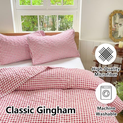NSNLGSGC Red Gingham Twin Quilt Set, Soft Pre-Washed Microfiber Red Plaid Twin Bedspread, Lightweight Checked Summer Quilt, Grid Bedding Coverlets for All Seasons (Includes 1 Quilt, 1 Pillow Sham) NSNLGSGC