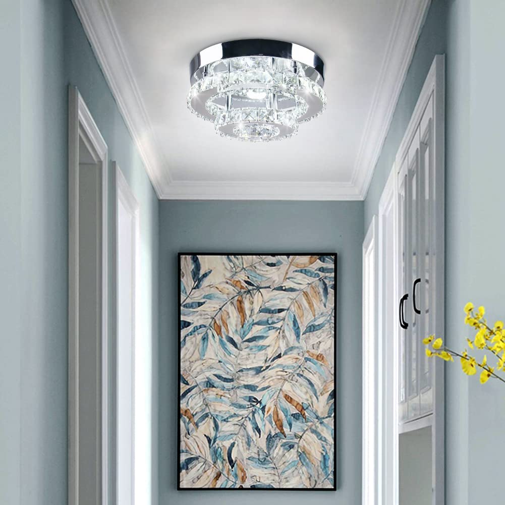 Cainjiazh Mini Chandelier LED Crystal Ceiling Light 2 Layers Flush Mount Ceiling Light Modern Chandelier Lighting for Hallway Staircase Kitchen Bathroom (Cool White) Cainjiazh