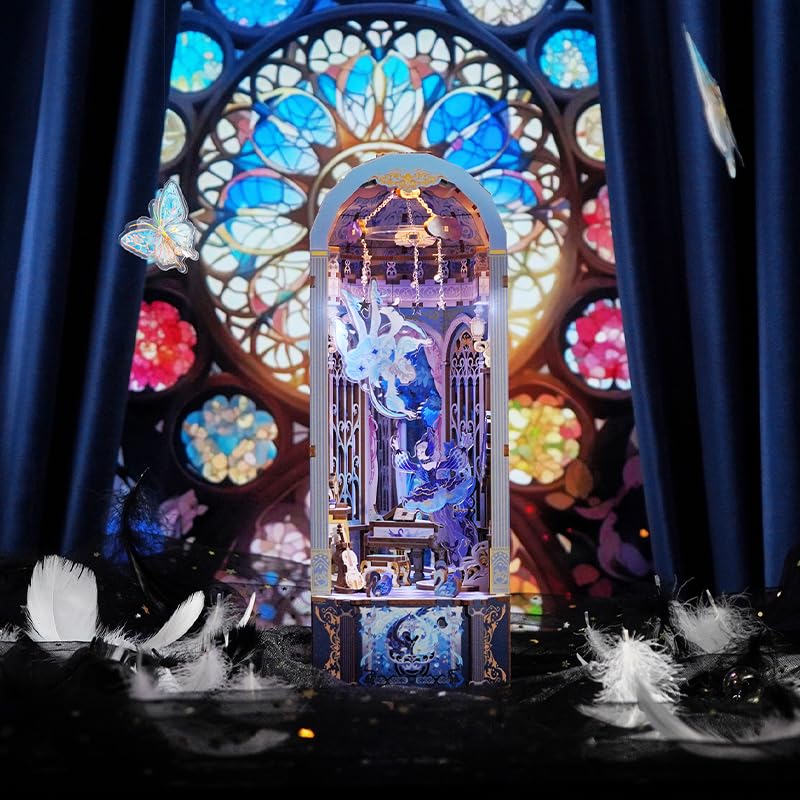 Tonecheer DIY Book Nook Kit for Adults, Wooden 3D Puzzle Music Box Bookend Bookshelf Insert Decor, Automatic Rotation Booknook Miniature House Kit with Dust Cover and LED Light (Swan Dream) Tonecheer