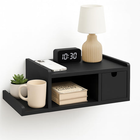 DongRong Floating Nightstand with Drawer & Shelf,Wall Mounted Bedside Table for Small Bedrooms,Modern Black End Table with Space Saving Design DongRong